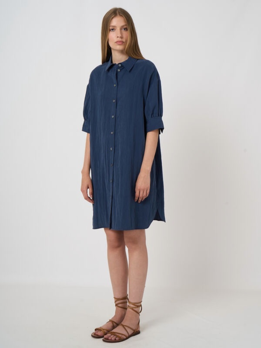 REPEAT Marine Blue Puff Sleeve Shirt Dress 38 / S